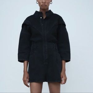 NWT ZARA Black Short Romper Denim Jumpsuit TRF